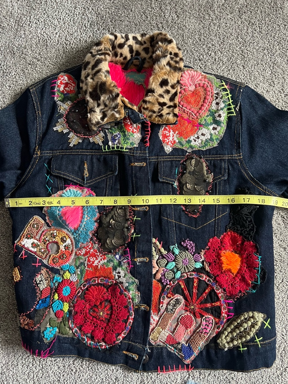 Antica Santoria Embroidered Denim Jacket with Fuschia and Leopard Trim - Picture 11 of 15